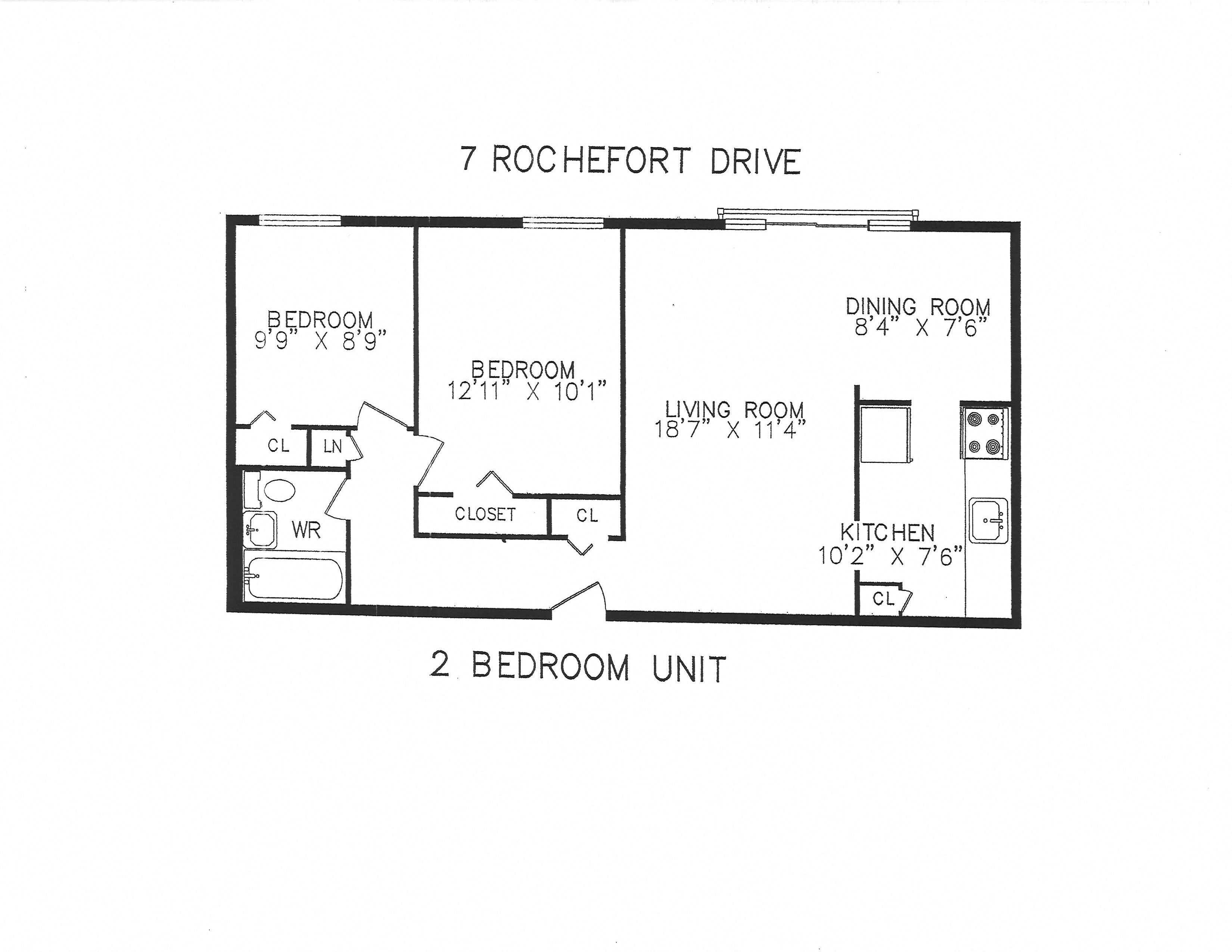 Floor plan for 2 beds, 1 bath, 710 sqft